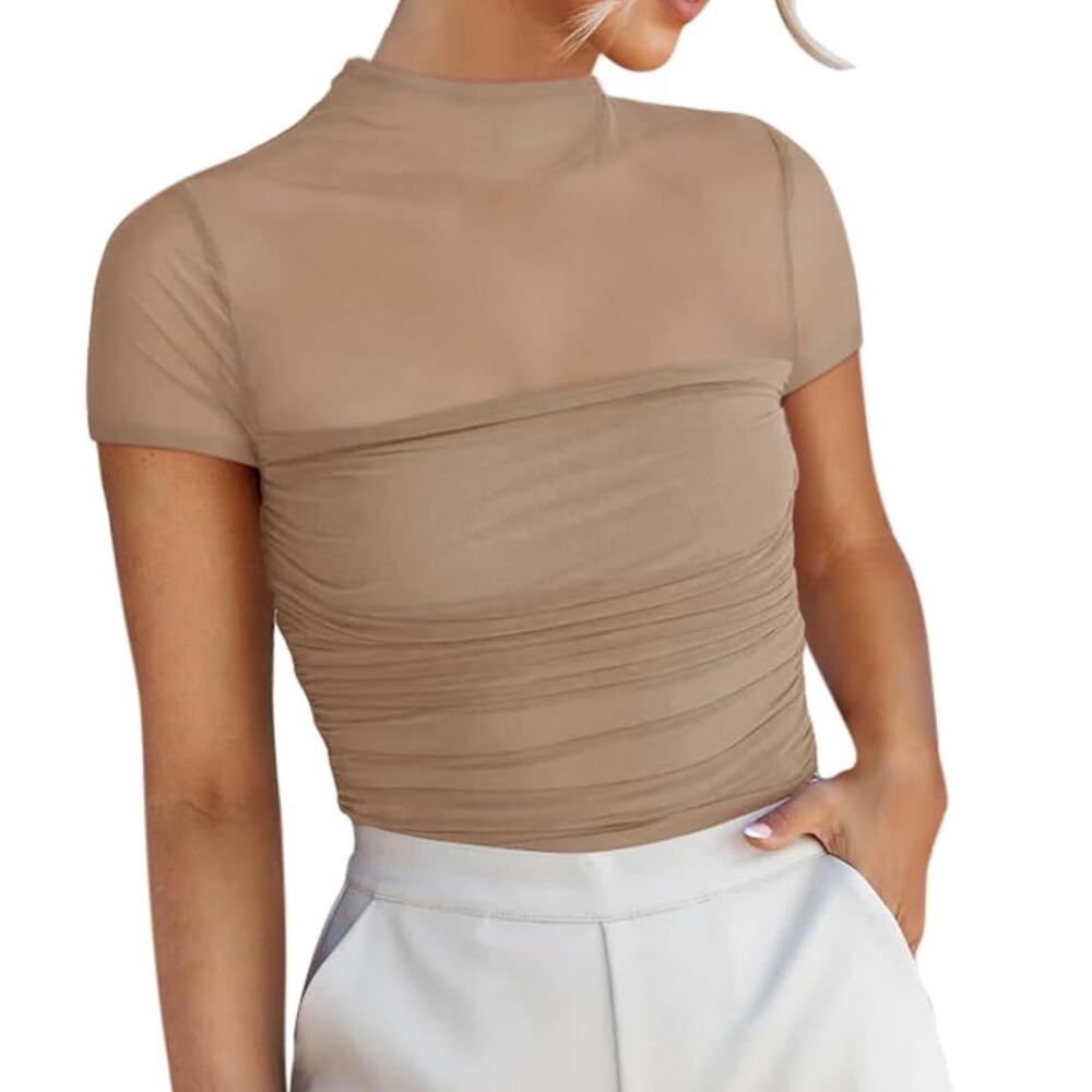 REORIA Women's Mock Turtle Neck Short Sleeve Sheer Mesh Ruched Bodysuits Size L